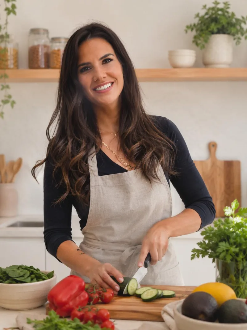 Carmen cocinando en casa con verduras frescas