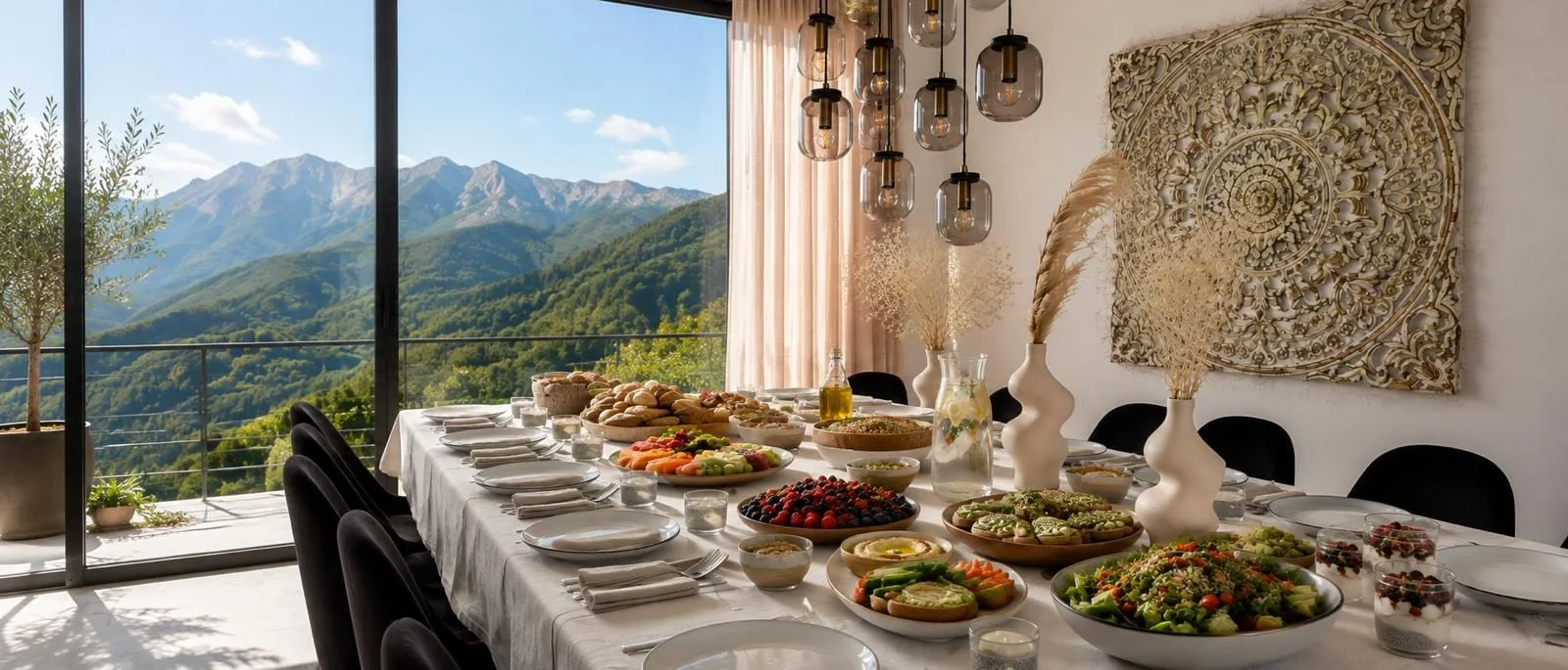 Mesa larga de desayuno con vistas a la montaña