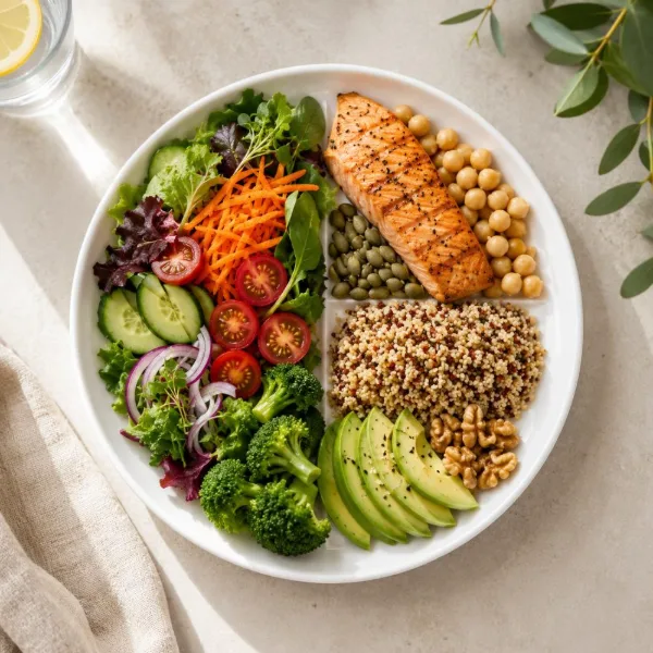 Plato equilibrado con verduras, salmón, quinoa, legumbres y aguacate