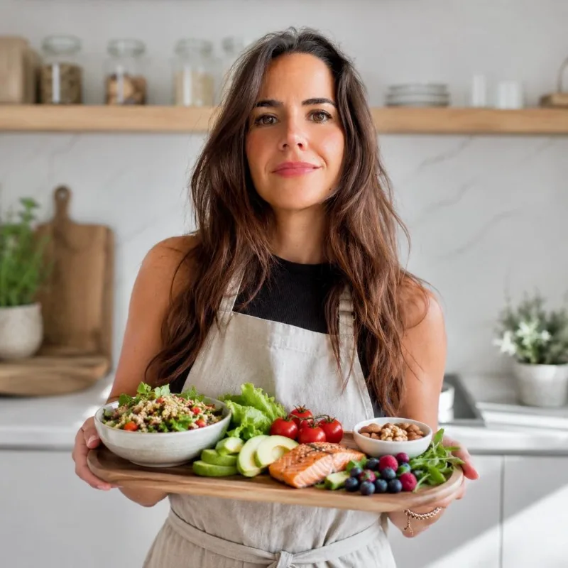 Carmen con una tabla de comida real recién preparada